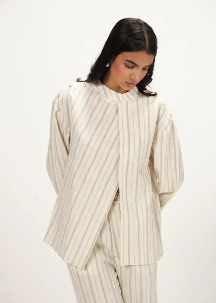 A Model Wearing Off-White Linen Off White Linen Striped Band Collar Top , curated by Only Ethikal