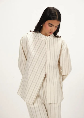 A Model Wearing Off-White Linen Off White Linen Striped Band Collar Top , curated by Only Ethikal