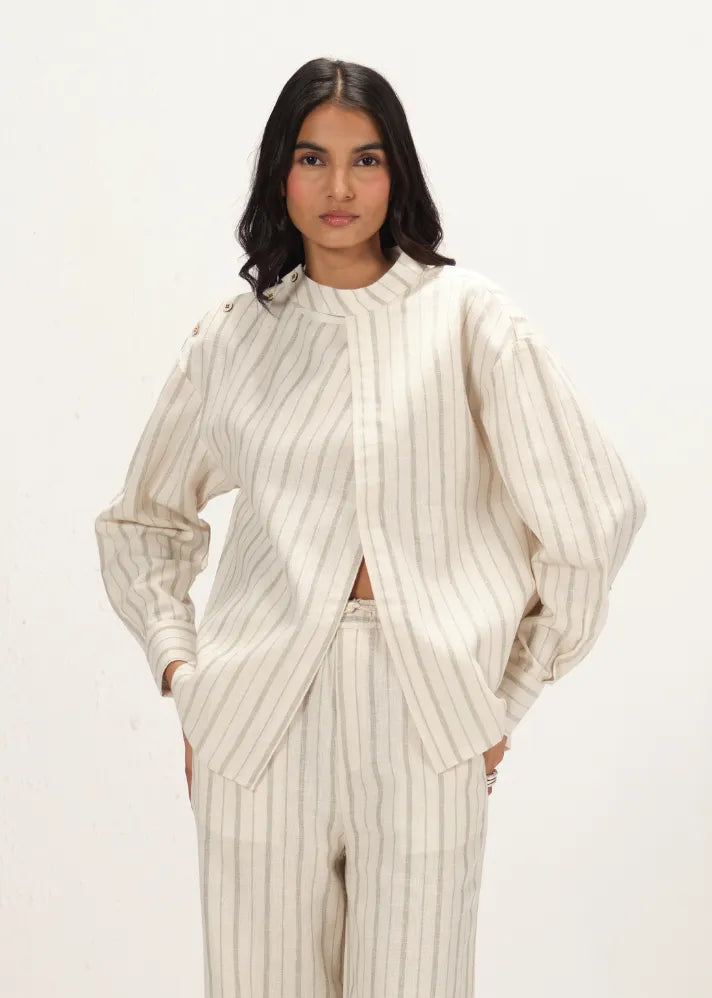 A Model Wearing Off-White Linen Off White Linen Striped Band Collar Top , curated by Only Ethikal