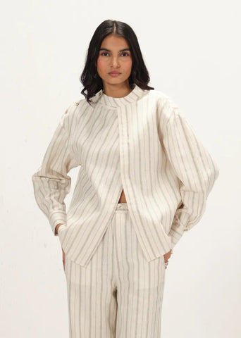 A Model Wearing Off-White Linen Off White Linen Striped Band Collar Top , curated by Only Ethikal