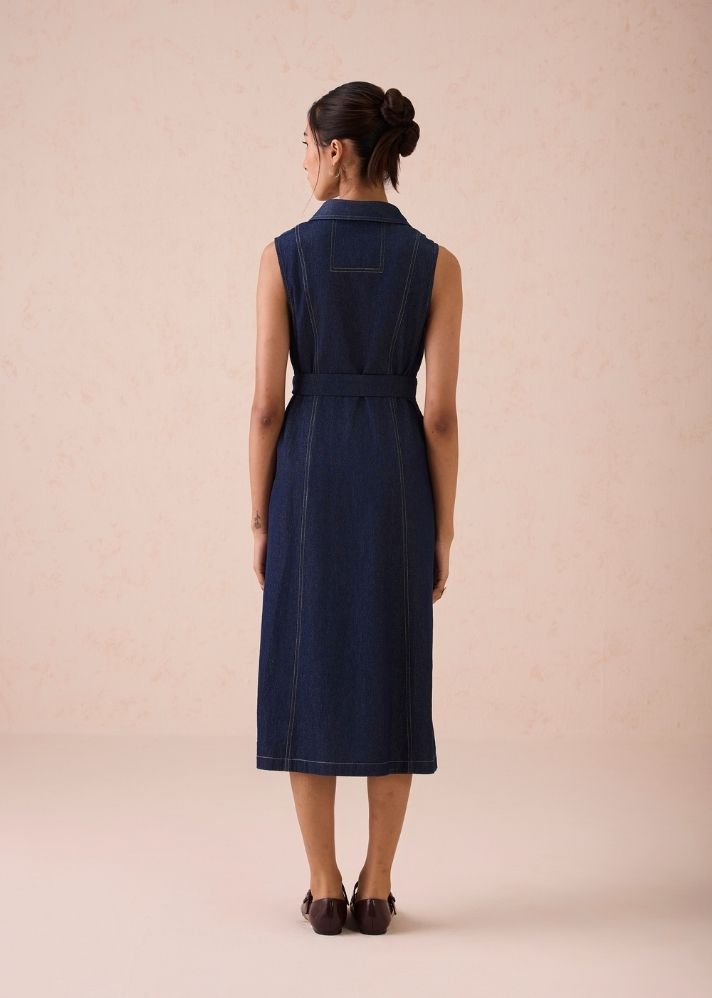 A Model Wearing Blue Denim The Sunrise Denim Midi Dress, curated by Only Ethikal