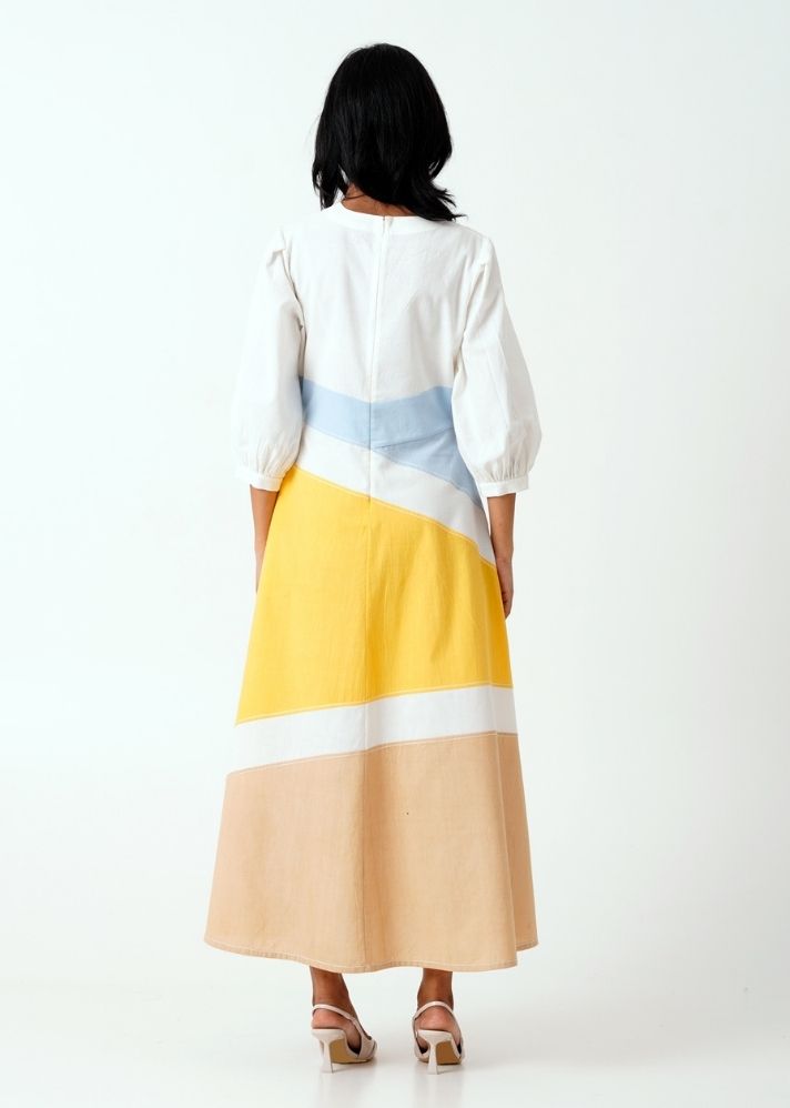 A Model Wearing Multicolor Handloom Cotton Sahar Dress, curated by Only Ethikal
