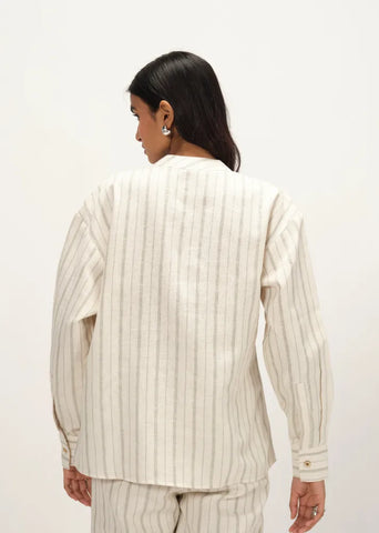 A Model Wearing Off-White Linen Off White Linen Striped Band Collar Top , curated by Only Ethikal