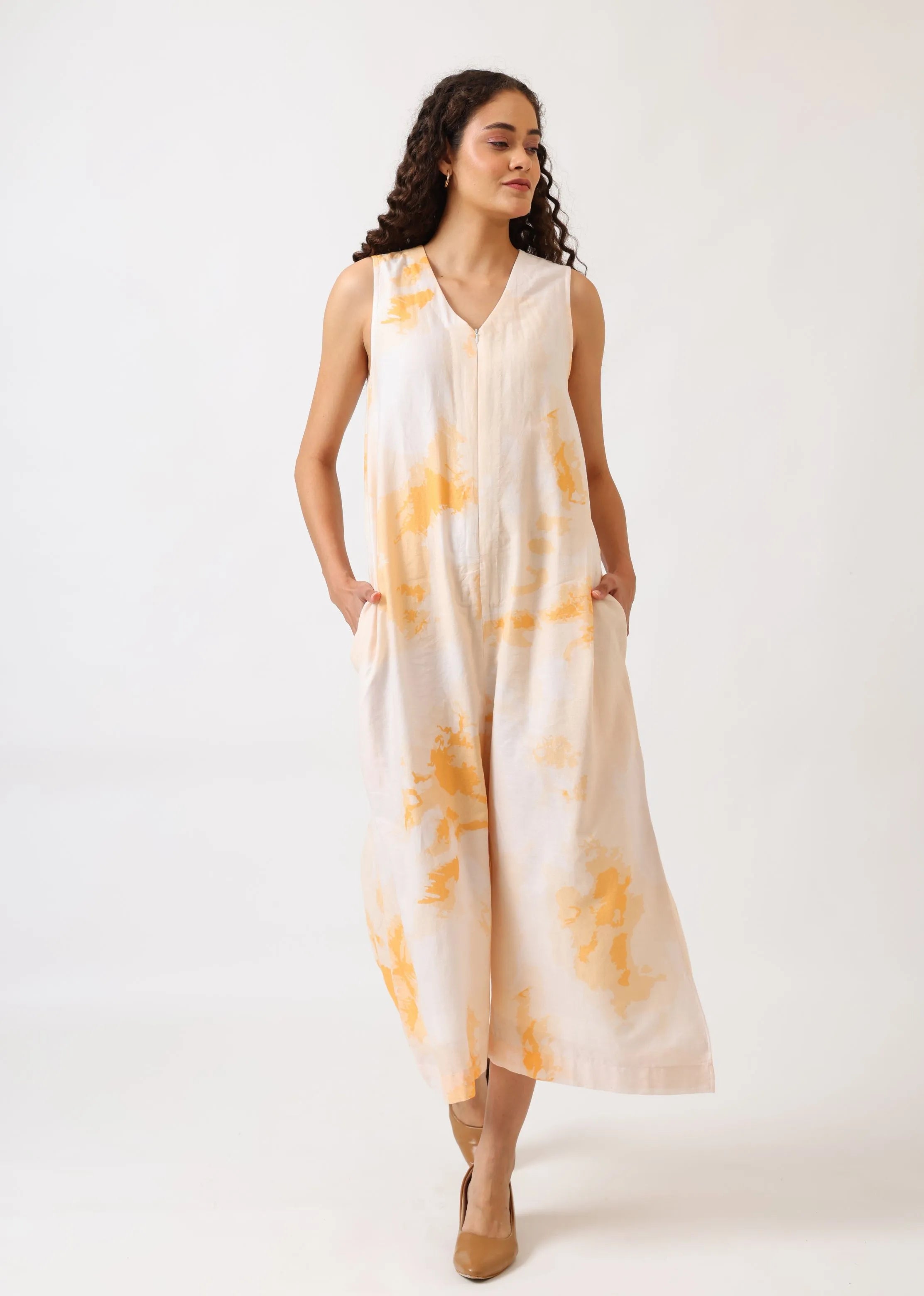 A Model Wearing Multicolor Mulmul Cotton Blush Horizon Jumpsuit, created by Only Ethikal