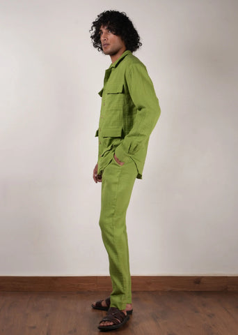 Men'S Green Crush Cotton Pocket Shirt & Pant Set (2 Pcs)