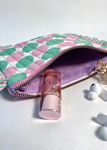 Sustainable Quilted Cotton Travel Pouch- Pebbles Purple & Green Organizer