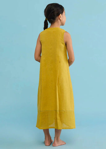 Kids Ita Pleated Linen Dress- Ochre