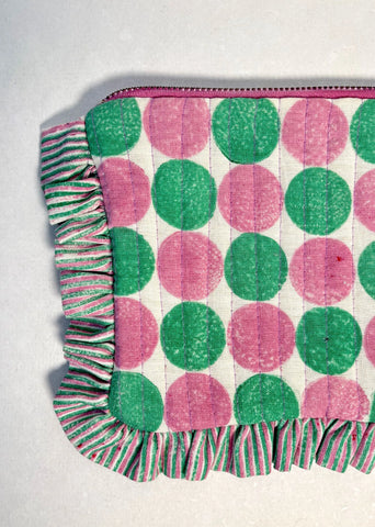 Sustainable Quilted Cotton Travel Pouch- Pebbles Purple & Green Organizer