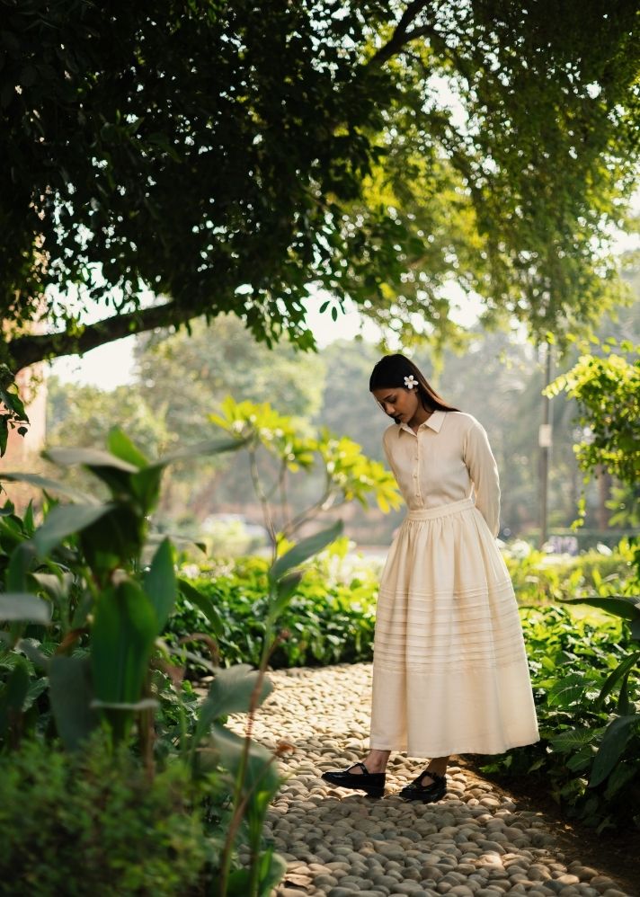 A Model Wearing White Wool White Misha Skirt Set, curated by Only Ethikal