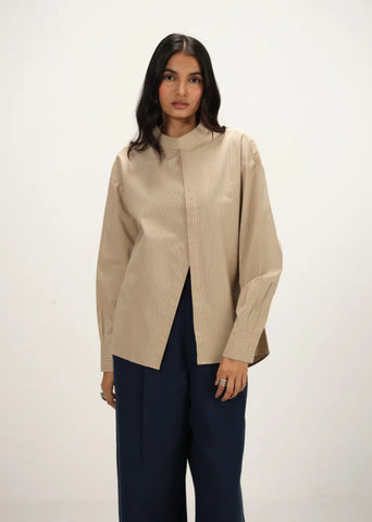 A Model Wearing Beige Linen Beige Linen Striped Band Collar Top, curated by Only Ethikal