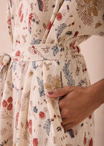 A Model Wearing White Handwoven Cotton Forest Bloom Handwoven Kala Cotton Maxi Dress, curated by Only Ethikal