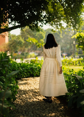 A Model Wearing White Wool White Misha Skirt Set, curated by Only Ethikal