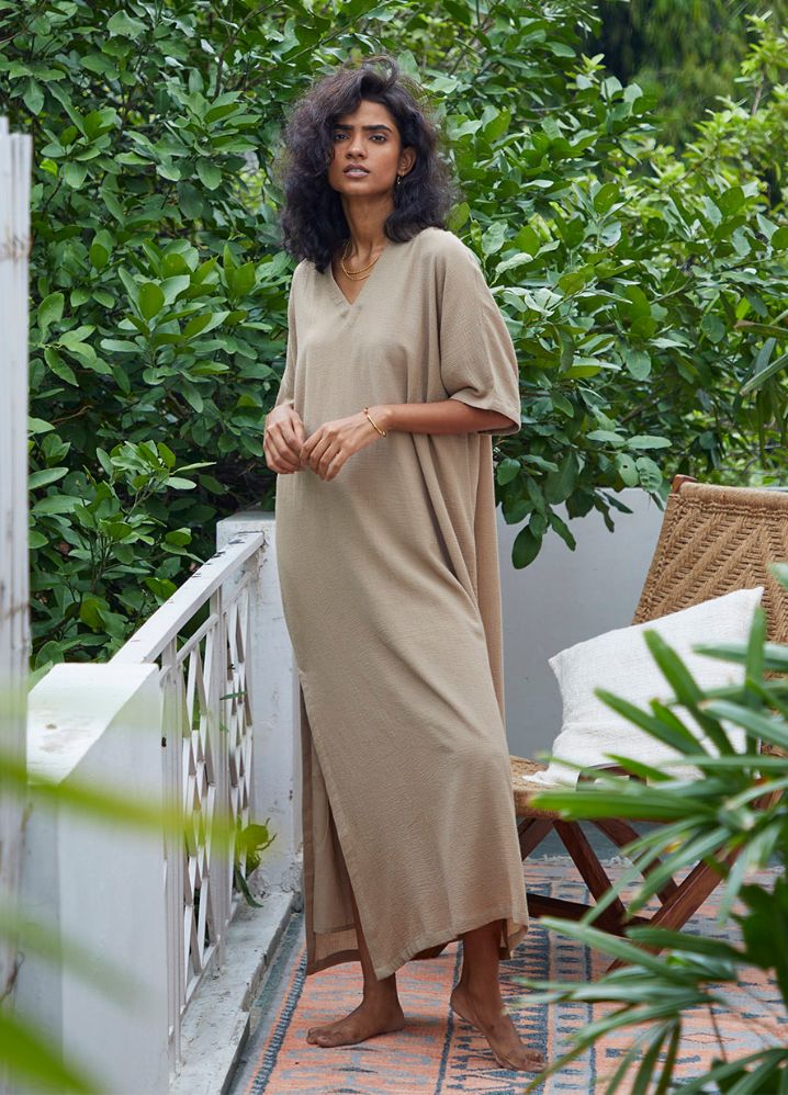 A Model Wearing Beige Pure Cotton Hazel Kaftan curated by Only Ethikal