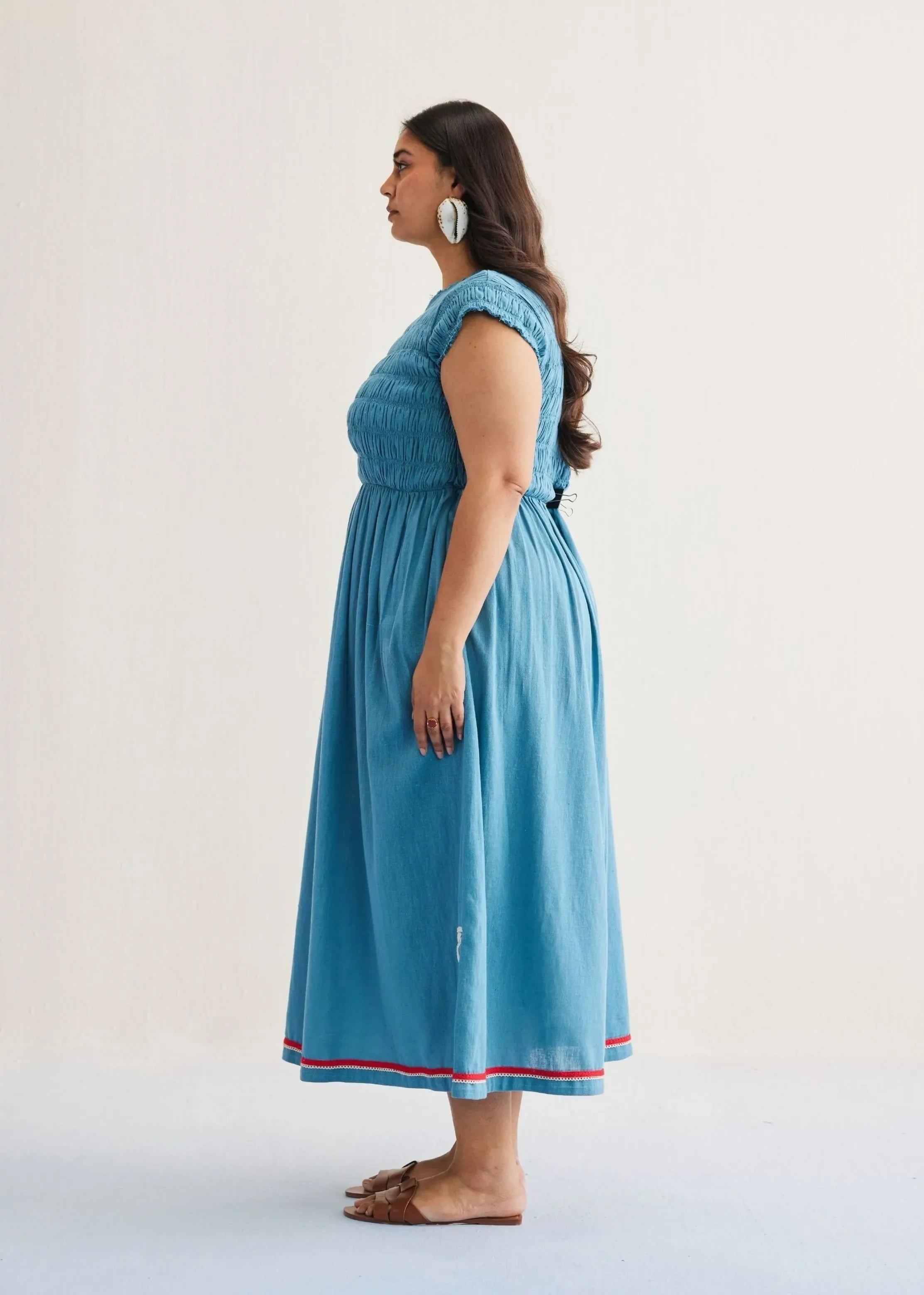 A Model Wearing Blue Handwoven Cotton The Azure Cotton Blue Maxi Dress, curated by Only Ethikal