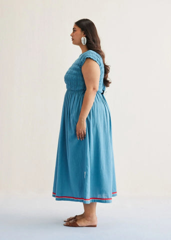 A Model Wearing Blue Handwoven Cotton The Azure Cotton Blue Maxi Dress, curated by Only Ethikal