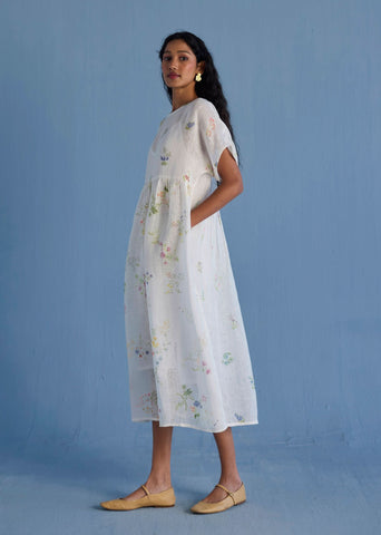 Uniko Pleated Floral Linen Dress - White