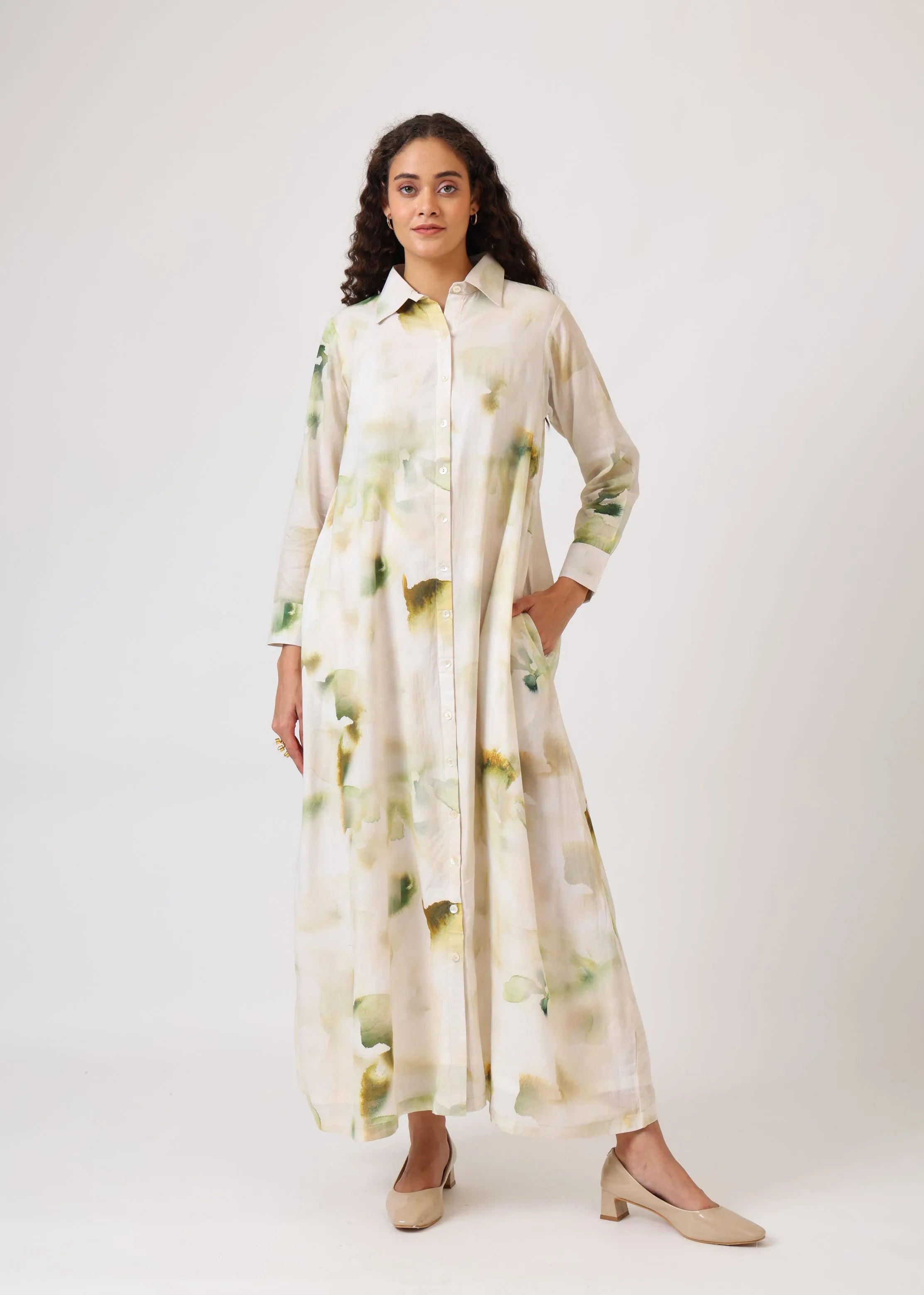 A Model Wearing Multicolor Mulmul Cotton Verdant Ease Shirt Dress, created by Only Ethikal