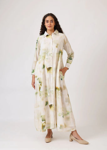 A Model Wearing Multicolor Mulmul Cotton Verdant Ease Shirt Dress, created by Only Ethikal