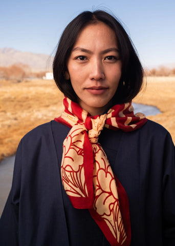 A Model Wearing Red Silk Red- Metok Silk Scarf, curated by Only Ethikal