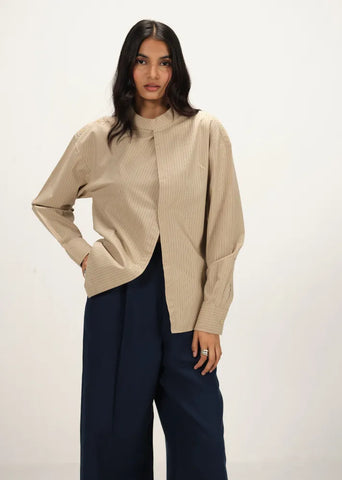 A Model Wearing Beige Linen Beige Linen Striped Band Collar Top, curated by Only Ethikal