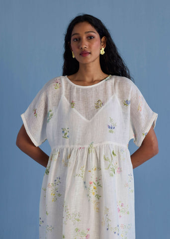 Uniko Pleated Floral Linen Dress - White