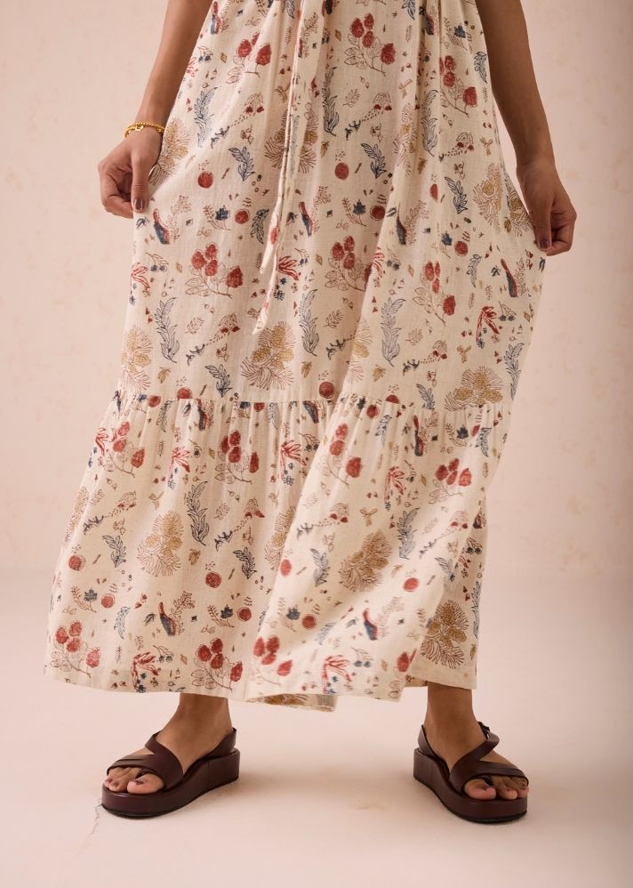 A Model Wearing White Handwoven Cotton Forest Bloom Handwoven Kala Cotton Maxi Dress, curated by Only Ethikal