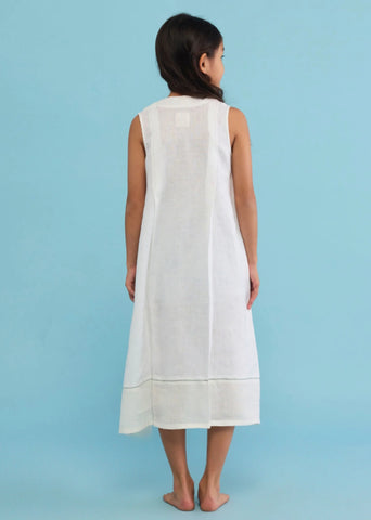 Kids Ita Pleated Linen Dress- White
