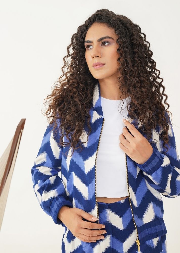 A Model Wearing Blue Handwoven Cotton Aqua Jacket , curated by Only Ethikal