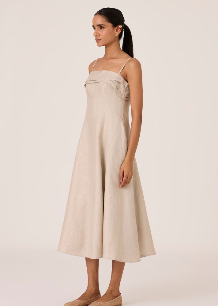 A Model Wearing Beige Linen Azzah Beige Strappy Midi Dress , curated by Only Ethikal