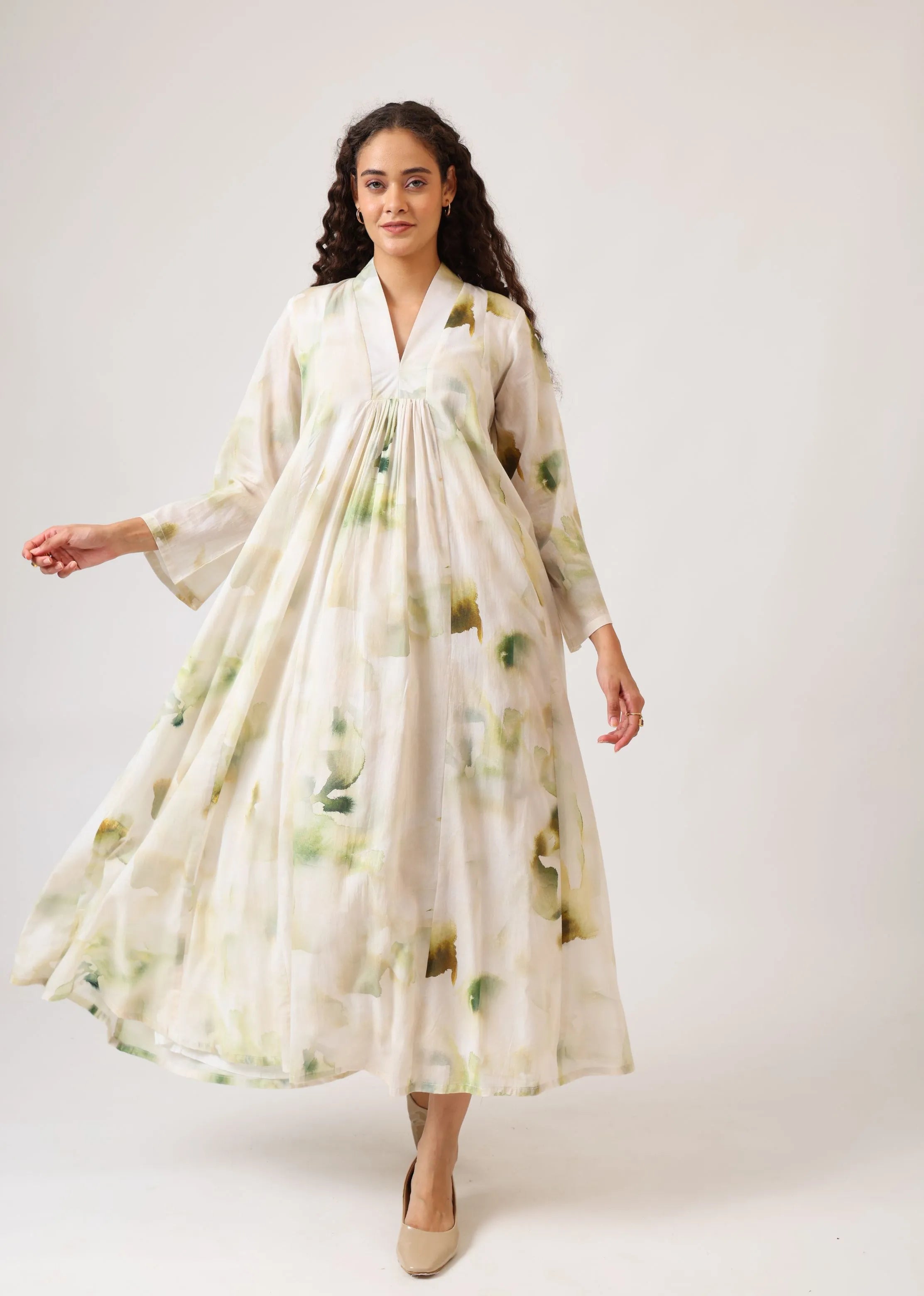 A Model Wearing Multicolor Mulmul Cotton Verdant Muse Panel Dress, created by Only Ethikal