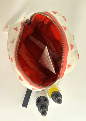 Sustainable Quilted Cotton Travel Pouch- Organizer- Red Hearts On White