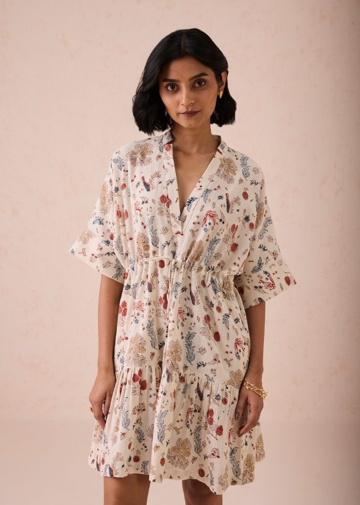 A Model Wearing White Handwoven Cotton Forest Bloom Kala Cotton Dress, curated by Only Ethikal