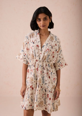 A Model Wearing White Handwoven Cotton Forest Bloom Kala Cotton Dress, curated by Only Ethikal