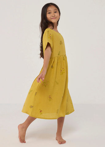 Kids Rasa Floral Printed Linen Dress- Ochre