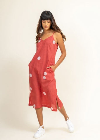 A Model Wearing Peach Upcycled Cotton Coral Slip Dress, curated by Only Ethikal