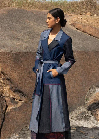 A Model Wearing Multicolor Upcycled Cotton Amelia Denim Trench, curated by Only Ethikal