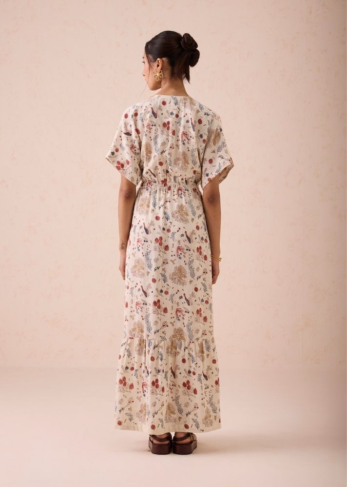 A Model Wearing White Handwoven Cotton Forest Bloom Handwoven Kala Cotton Maxi Dress, curated by Only Ethikal