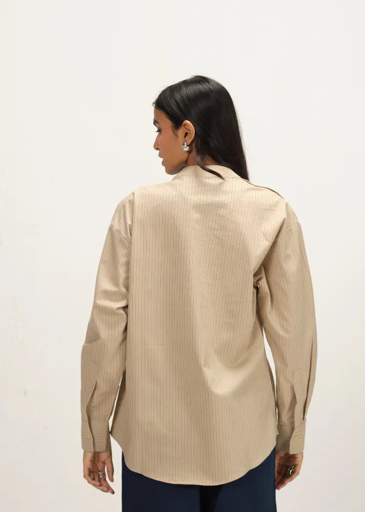 A Model Wearing Beige Linen Beige Linen Striped Band Collar Top, curated by Only Ethikal