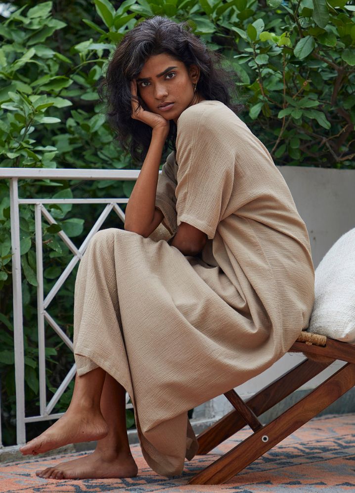 A Model Wearing Beige Pure Cotton Hazel Kaftan curated by Only Ethikal