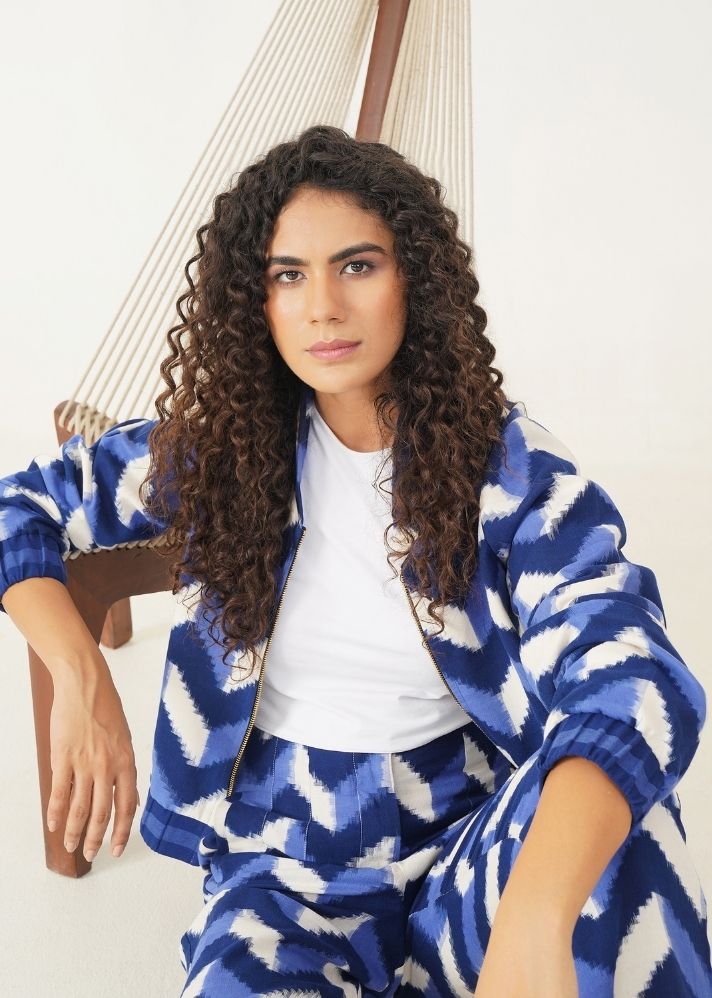 A Model Wearing Blue Handwoven Cotton Aqua Jacket , curated by Only Ethikal