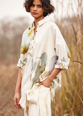 A Model Wearing White Cotton Mul Pahadi Shirt,curated by Only Ethikal