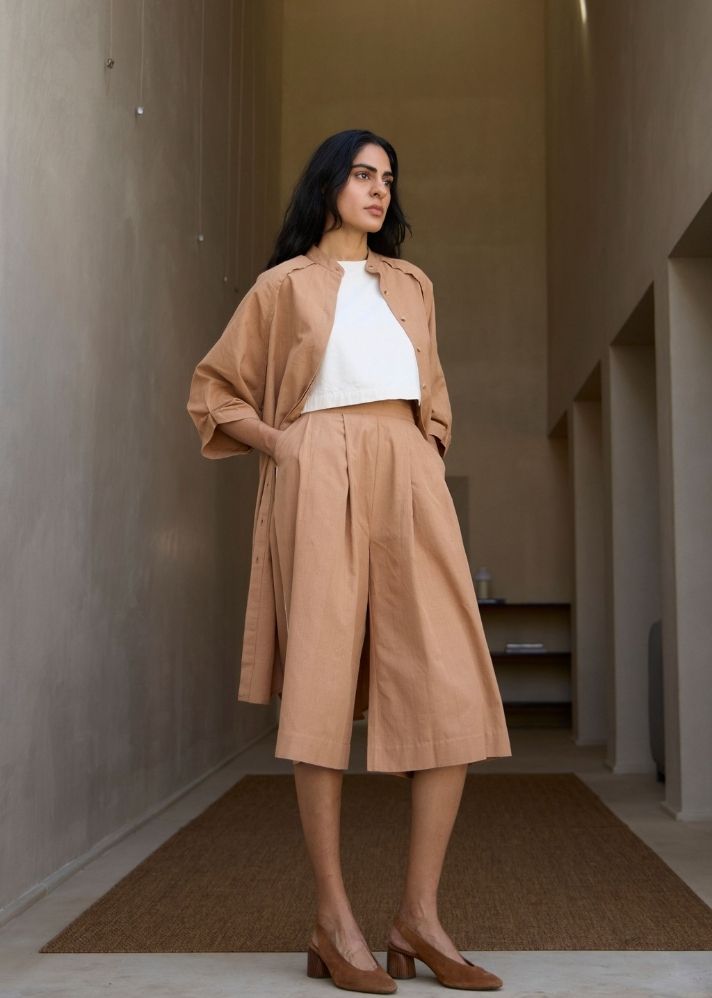 A Model Wearing Brown Handwoven Cotton Brabourne Handwoven Brown Co-Ord Set , curated by Only Ethikal