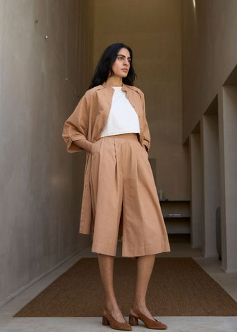 A Model Wearing Brown Handwoven Cotton Brabourne Handwoven Brown Co-Ord Set , curated by Only Ethikal