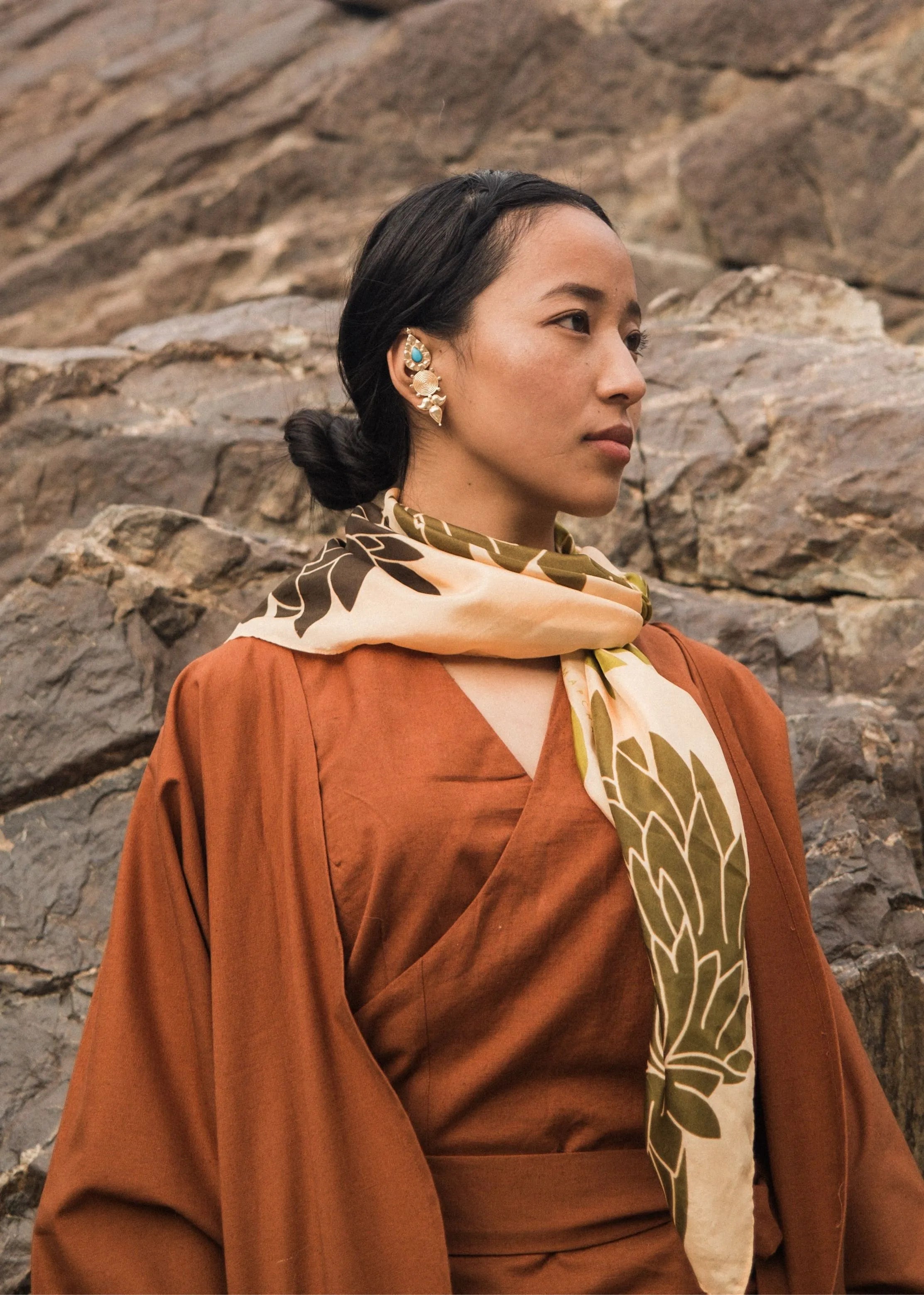 A Model Wearing Multicolor Silk Multicolor Paang Silk Scarf, curated by Only Ethikal