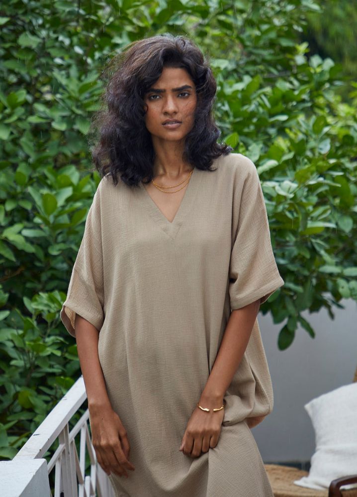 A Model Wearing Beige Pure Cotton Hazel Kaftan curated by Only Ethikal