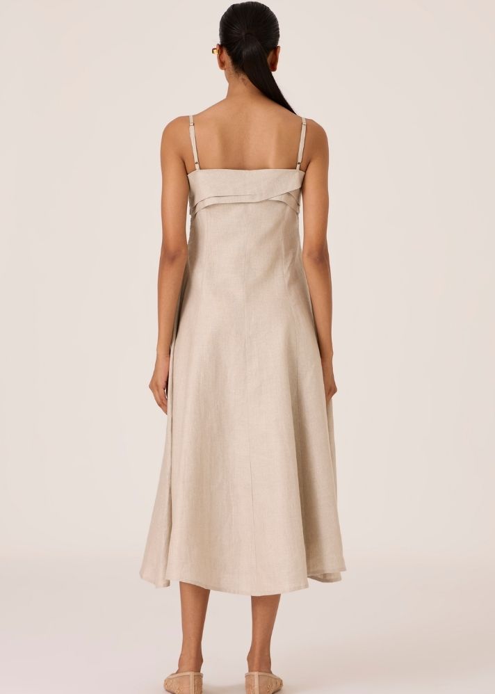 A Model Wearing Beige Linen Azzah Beige Strappy Midi Dress , curated by Only Ethikal