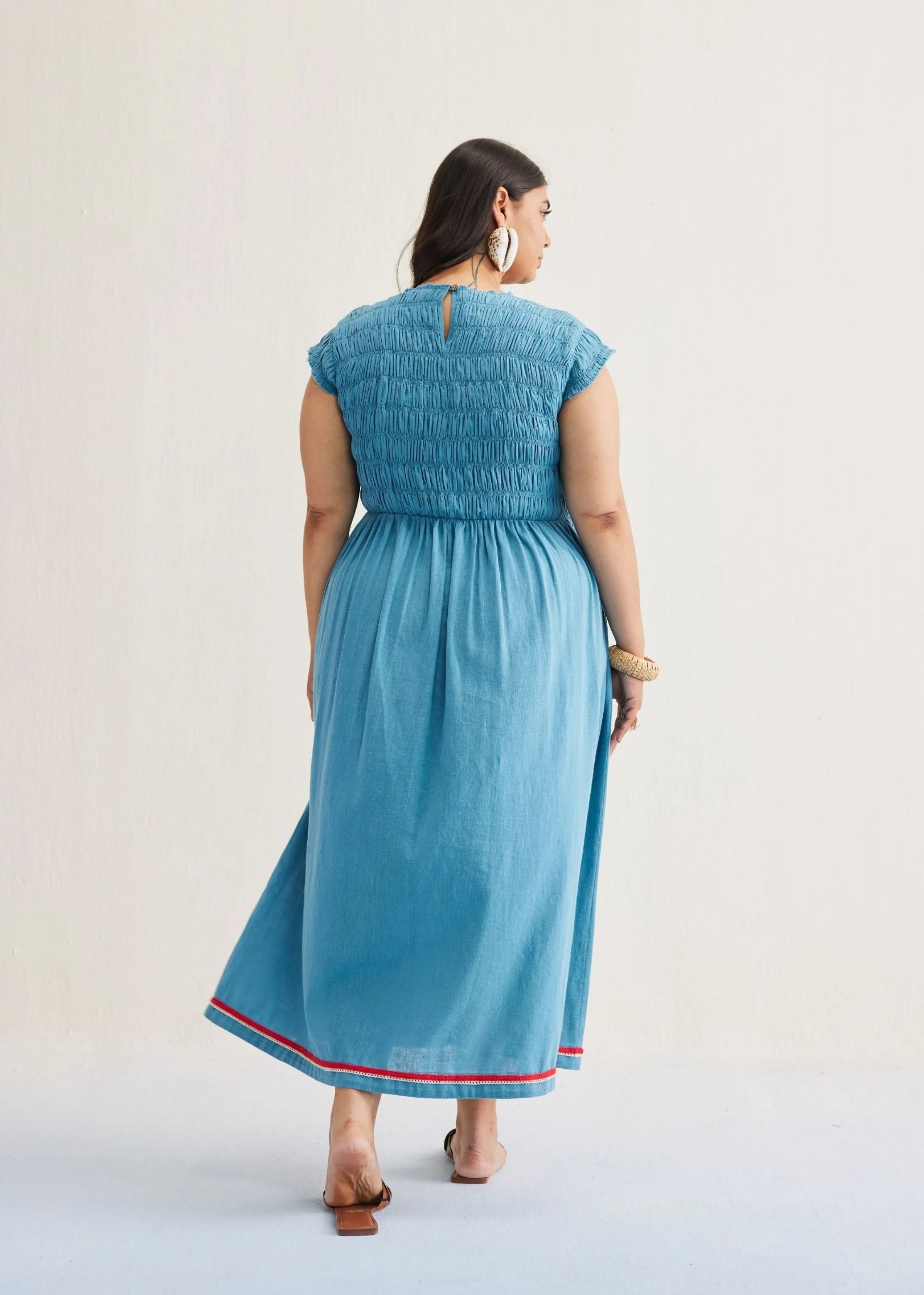 A Model Wearing Blue Handwoven Cotton The Azure Cotton Blue Maxi Dress, curated by Only Ethikal
