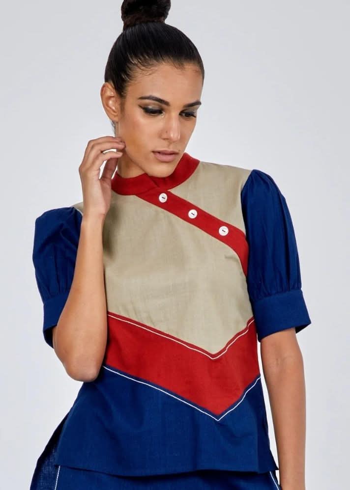 A Model Wearing Multicolor Pure Cotton Shifu Blue Co-Ord Set, curated by Only Ethikal