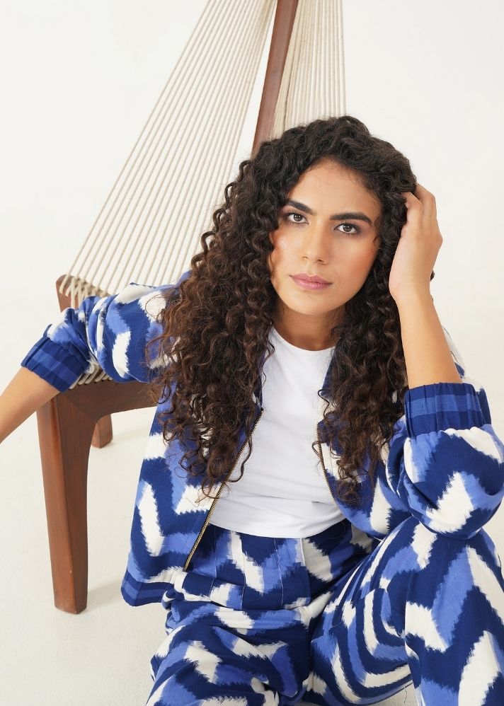 A Model Wearing Blue Handwoven Cotton Aqua Jacket , curated by Only Ethikal