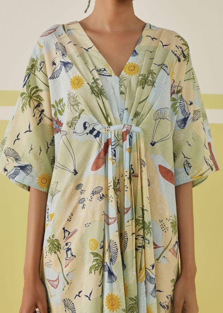 A Model Wearing Multicolor Palmy Summer Kaftan Dress, curated by Only Ethikal